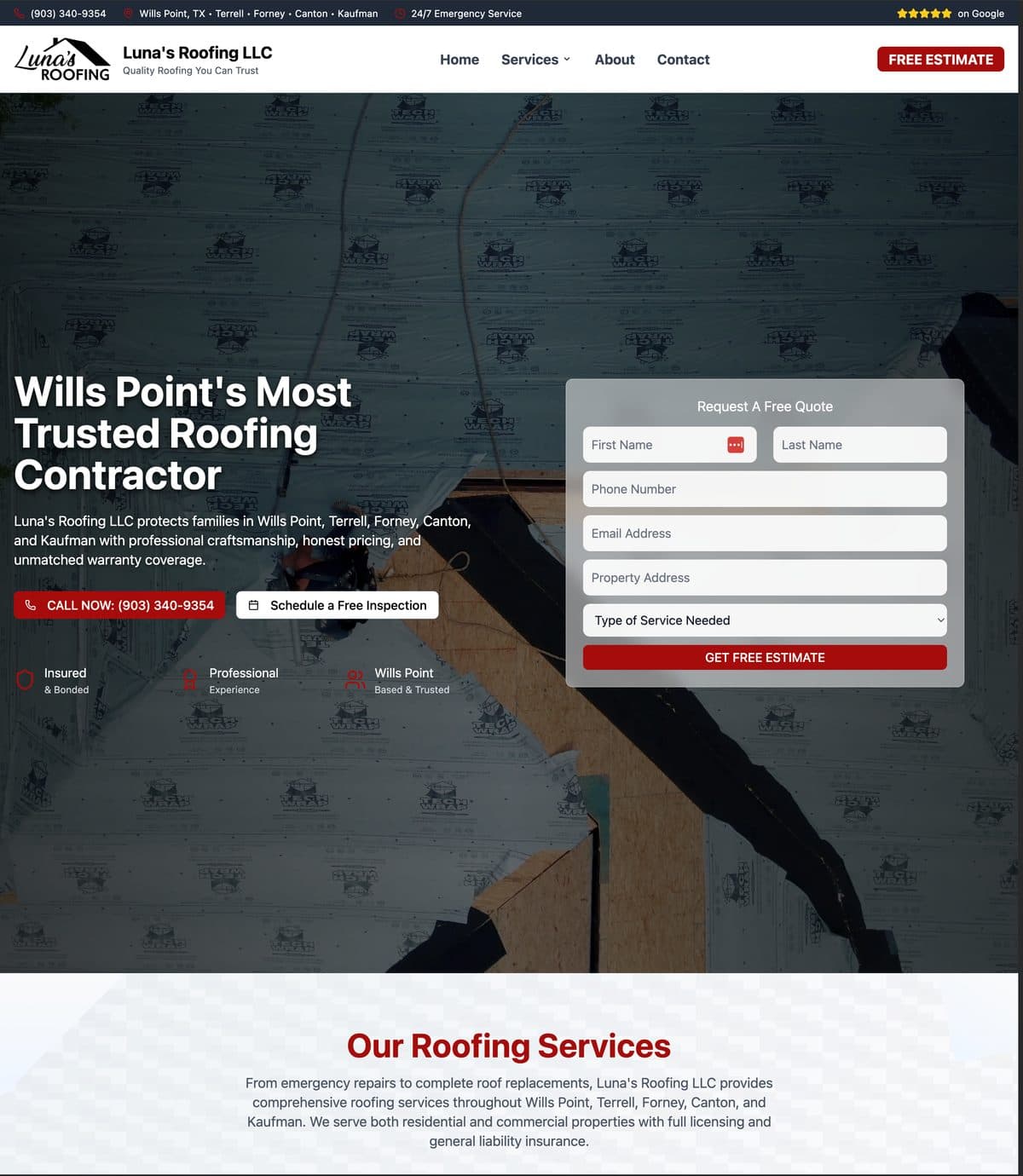 Luna's Roofing website preview